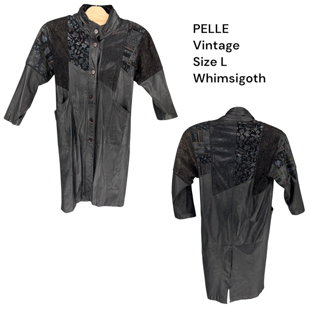 Pelle Leather Trench Coat L Black Vintage Whimsigoth Patchwork Longline Duster